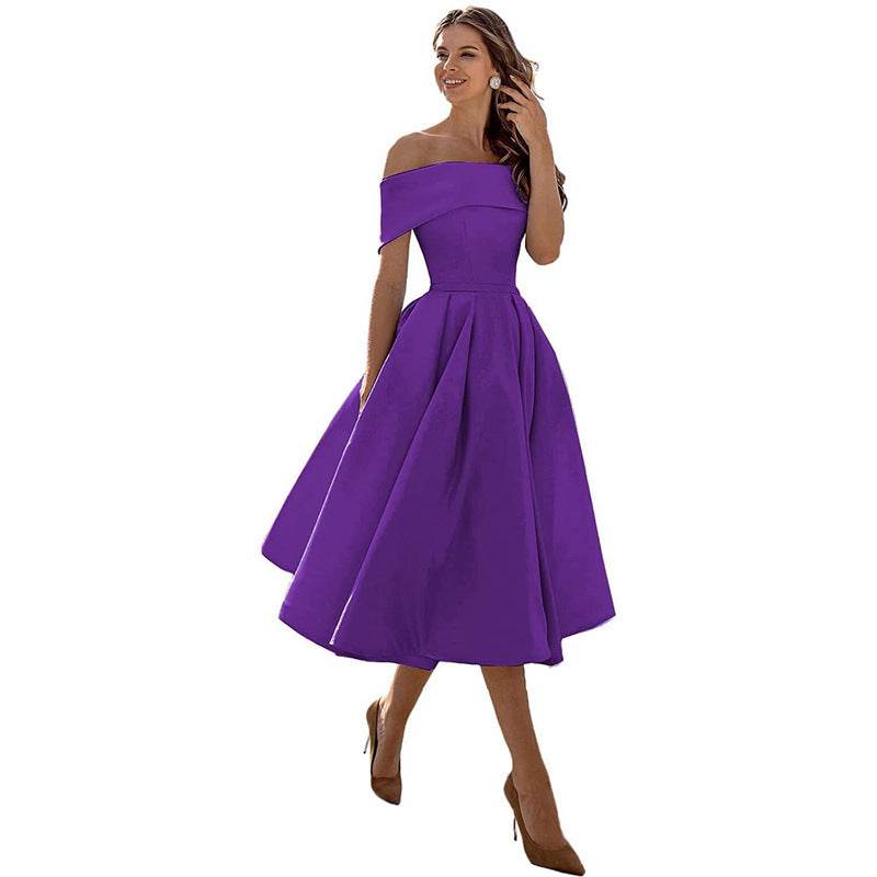 Women's Fashion Casual Strapless Satin Party Dress Off The Shoulder Tea Length Satin Prom Dresses With Pockts Formal Evening Party Dress Purple