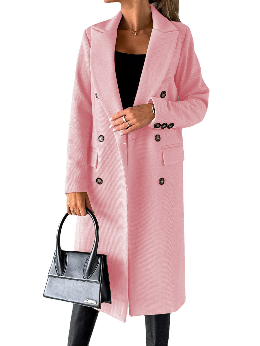 Long Sleeve Lapel Coat Winter Fashion Solid Double Breasted Slim Long Jacket Womens Clothing Pink