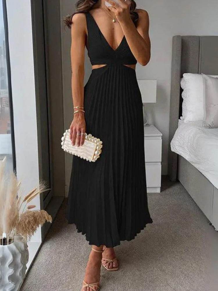 Ins Suspender Pleated Long Dress With Hollow-waisted Design Fashion V-neck Backless Dresses Summer Women's Clothing Black