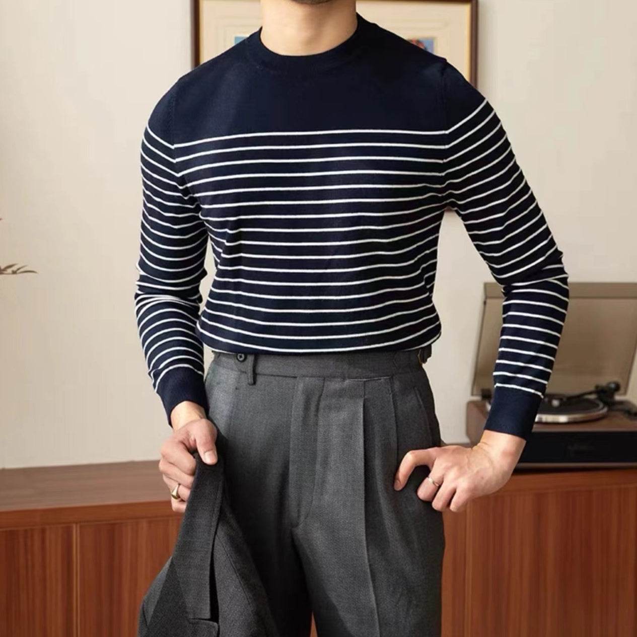 Business Commute Striped Design Contrast Color Long Sleeves Knitwear Navy Blue
