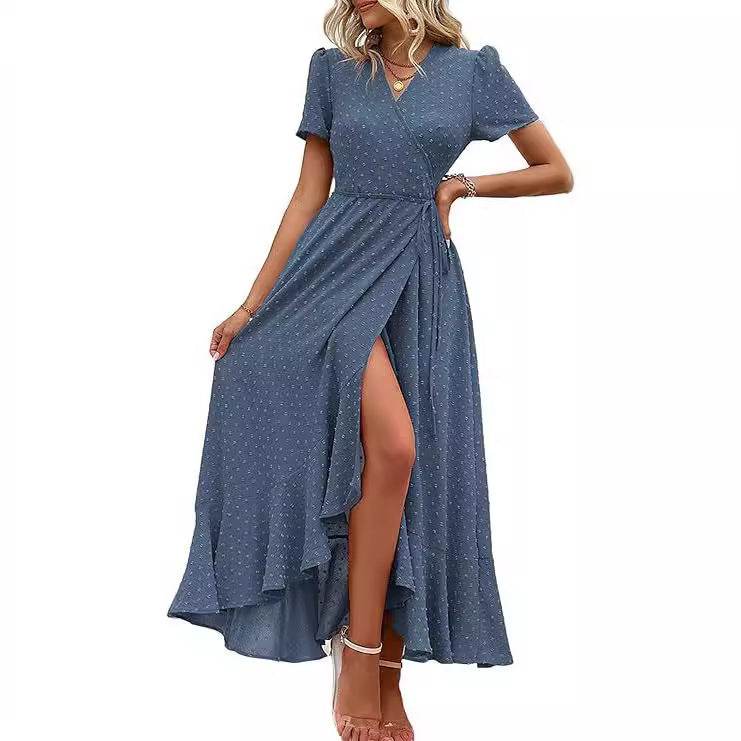 Short Sleeve Pleated Slit Hemline At Hem Beach Dress