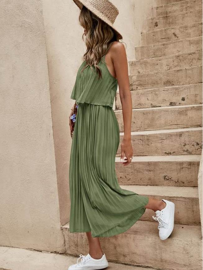 Women's Summer Solid Color Vacation Loose Suit Strap Backless Thin Romper Streetwear INS One-Piece Outfit Beach Style Striped Wide Leg Trousers Casual Suit Dark Green
