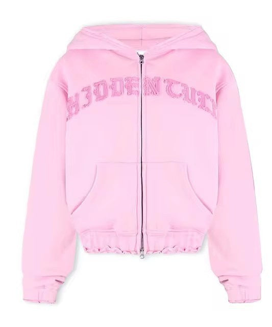 Ins Letter Sports Suit Zip-up Hooded Cropped Sweatshirt Top And Loose Drawstring Trousers Fashion Womens Clothing Pink1 L