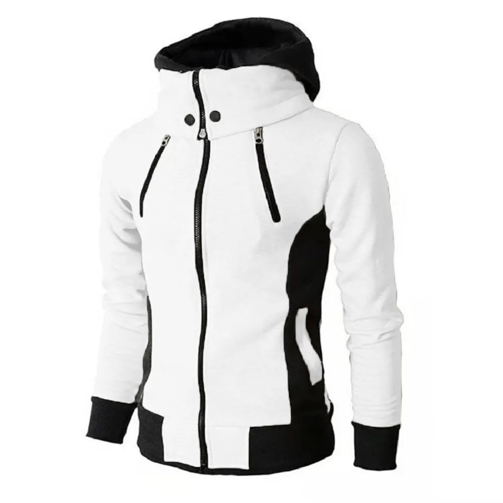 Men's Zip UP Hooded Jacket Fake Two Piece Sports Cardigan Casual Slim Sweatshirt Jacket White