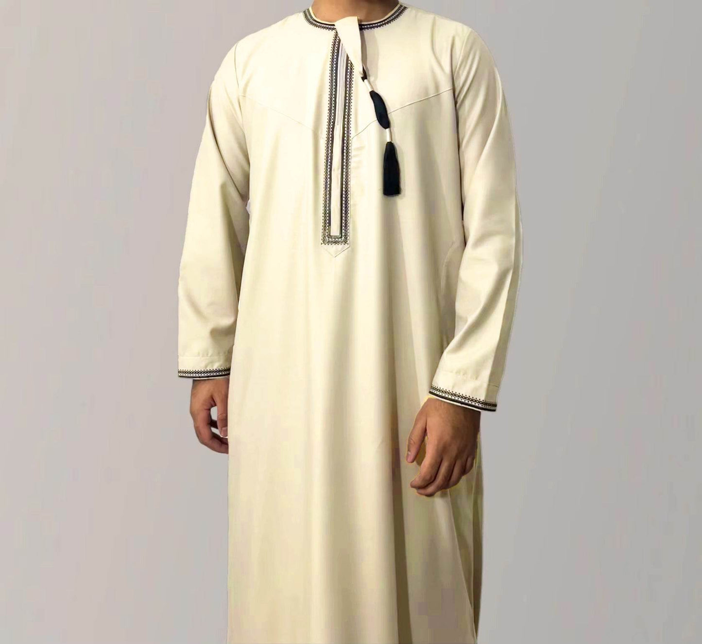 Solid Color Round Neck Embroidered Thick Tassel Oman Gowns Saudi Arabia Men 4 Yellow