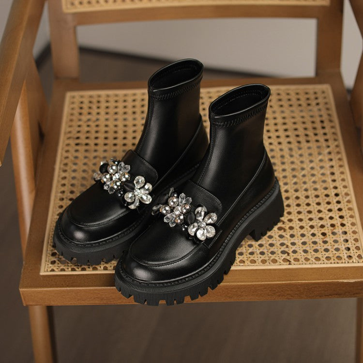 Round Toe Rhinestone Flower Elastic Boots Boots Women's Shoes Black