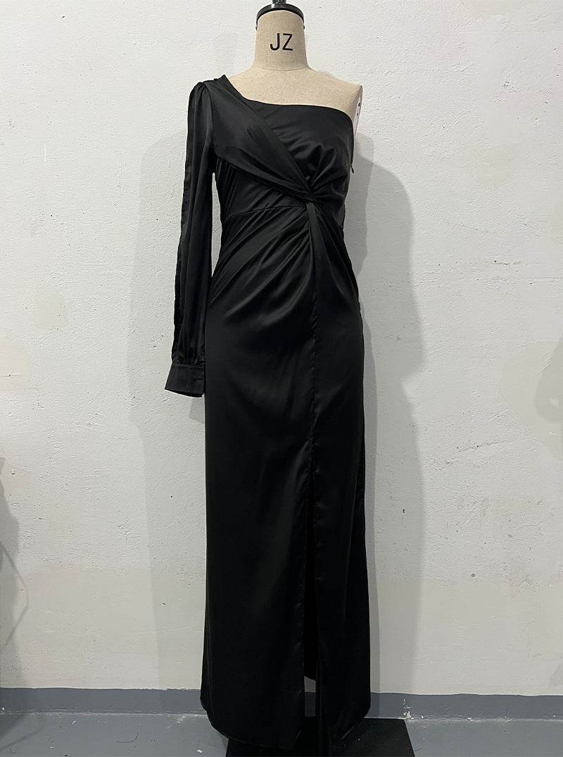 Women's One-shoulder Split Dress Ins Fashion Long-sleeved Slim Long Dresses Party Evening Clothing Black