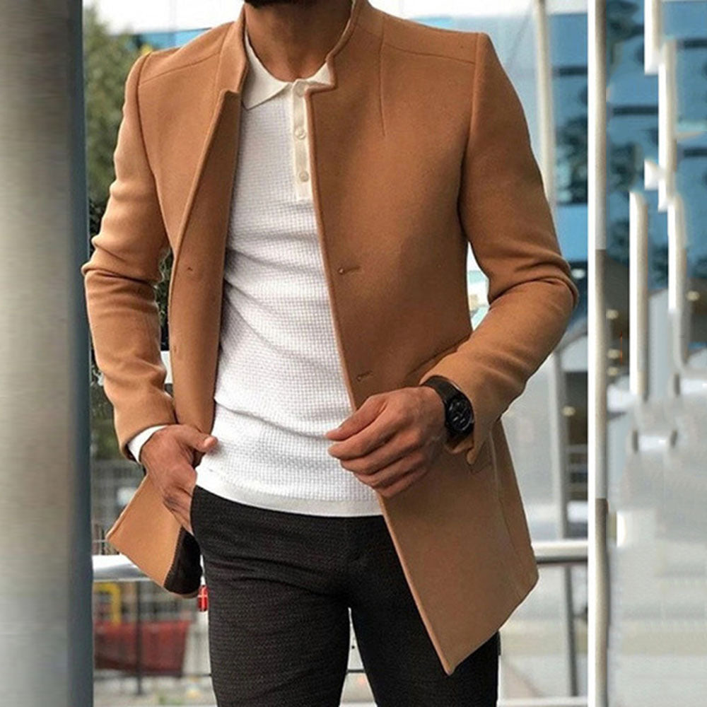Men's Slim Coat Fashion Single-breasted Solid Color Business Jackets Fall And Winter Tops Outwear Clothing Khaki