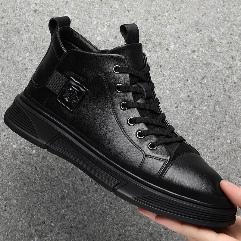 High-top Men's Shoes Winter Men's Leather Shoes Leather Casual AD6812 Black Thin Shoes