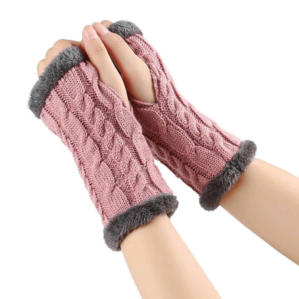 Winter Plush Gloves Twist Knitted Fingerless Fleece Gloves Women Warm Thickened Woolen Gloves Leather Purple One Size