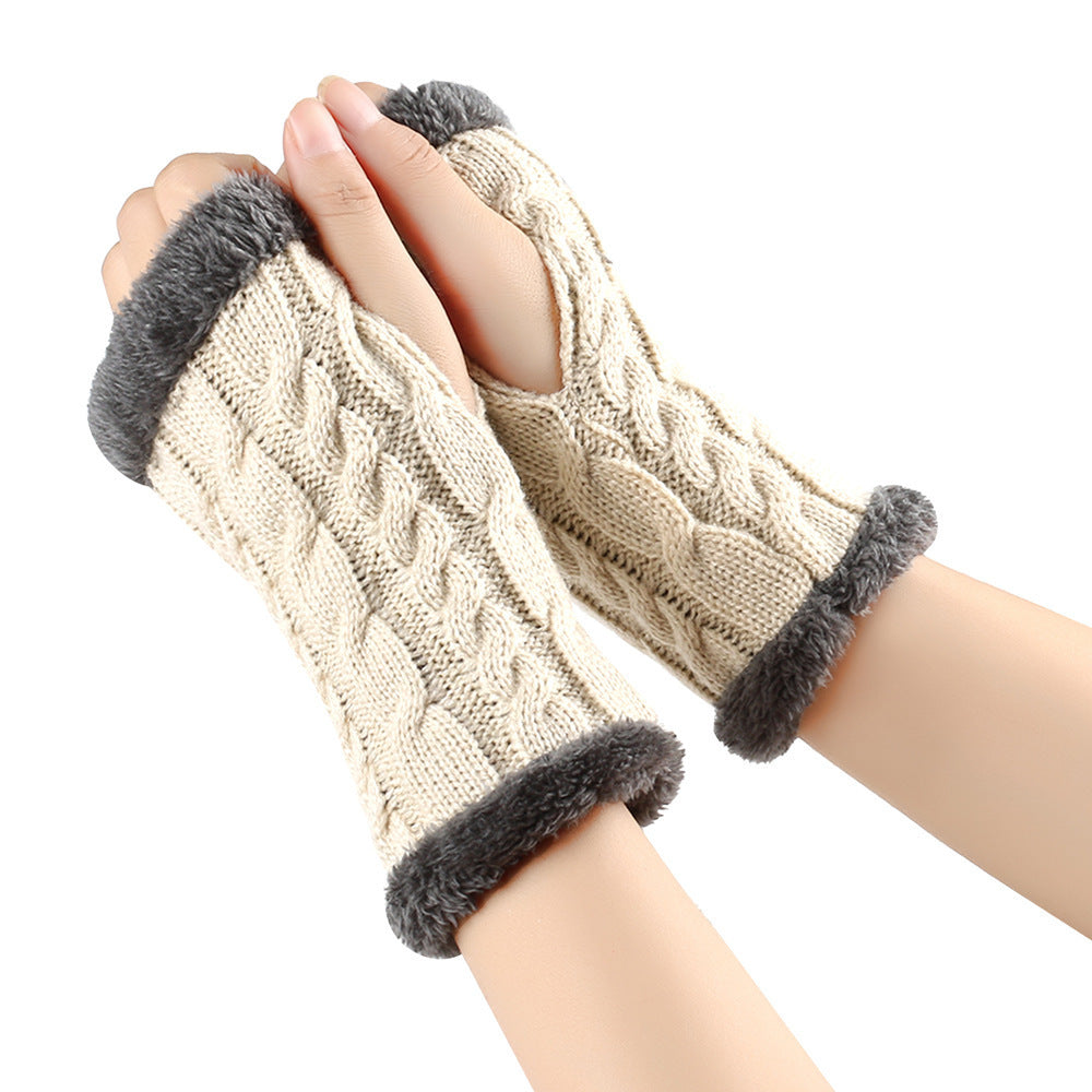 Winter Plush Gloves Twist Knitted Fingerless Fleece Gloves Women Warm Thickened Woolen Gloves Light Beige One Size
