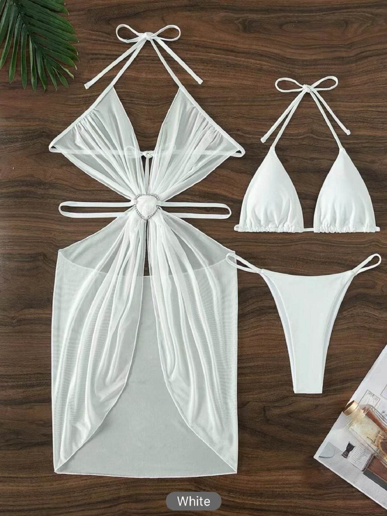 3pcs Halter Neck Bikini Beach Summer Solid Color Split Swimsuit Womens Clothing - La Gaelliance DG ESsence