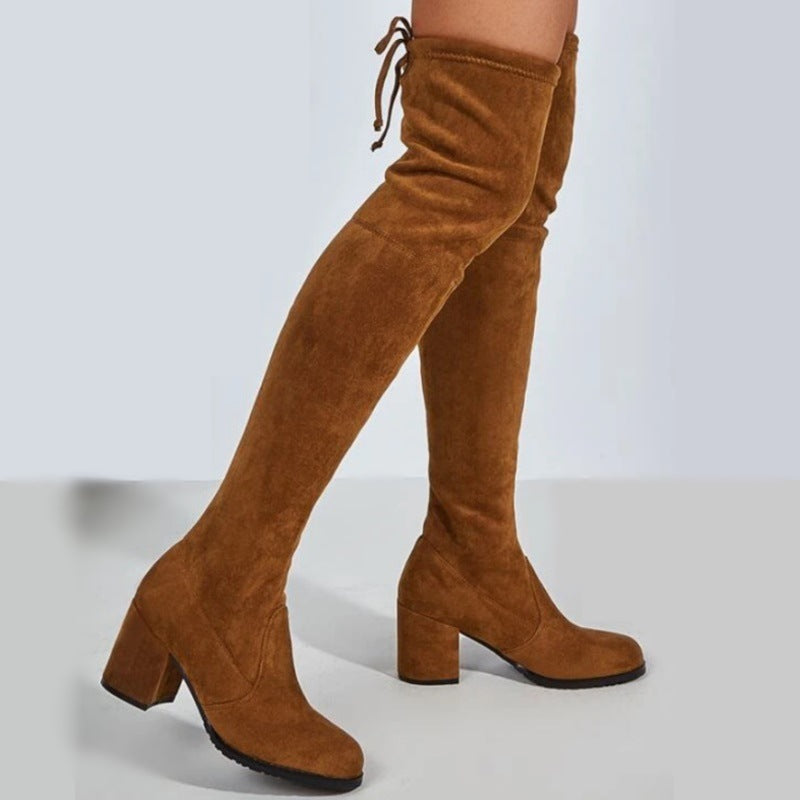 Mid-High Tube Chunky Heel High Heel British Style Fashion All-match Stretch Boots Brown