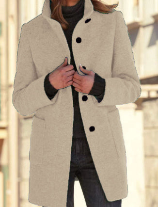 Fashion Stand Collar Woolen Coat With Pockets Fall Winter Casual Button Outwear For Women Clothing Apricot