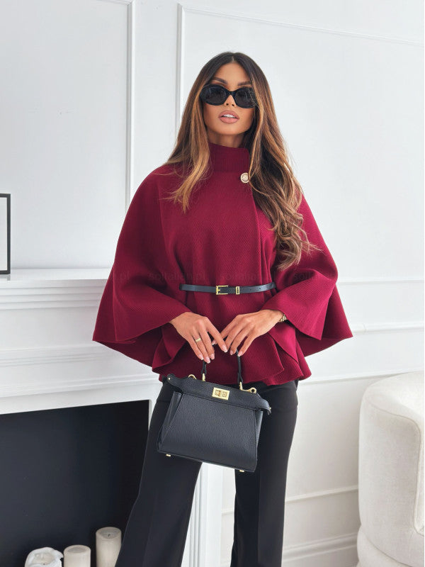 New Stand Collar Batwing Sleeves Cloak Top With Belt Ins Fashion Temperament Jacket Woolen Sweater Outwear For Women Clothing Wine Red