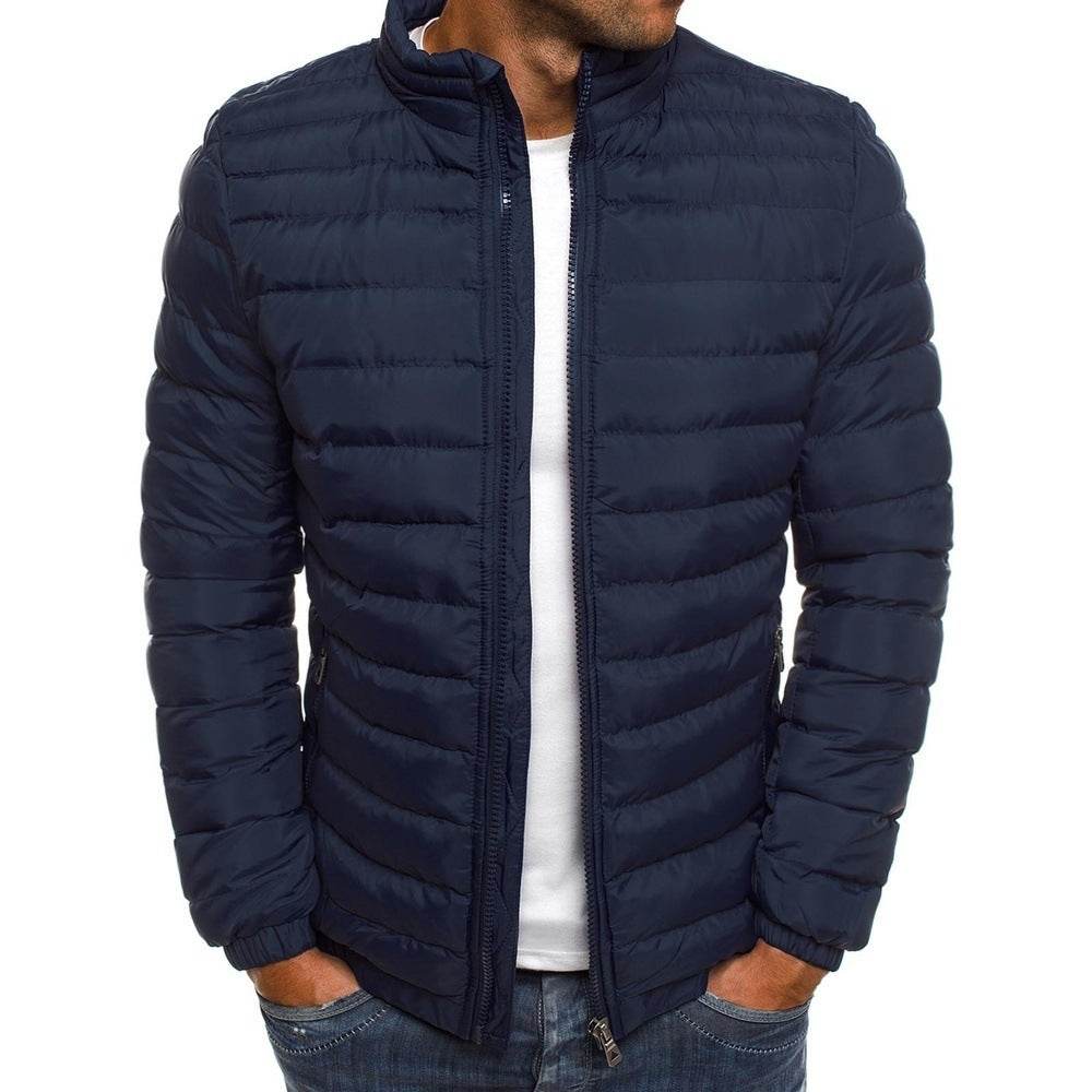 Men Jacket Zipper Solid Color Long Sleeves Pockets Coldproof Autumn Thicken Cotton Padded Overcoat For Outdoor Navy Blue