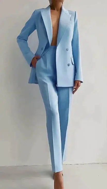Casual Suits Fashion Long Sleeve Single-breasted Jacket Top And Slim Fit Trousers Women's Business Suits Sky Blue