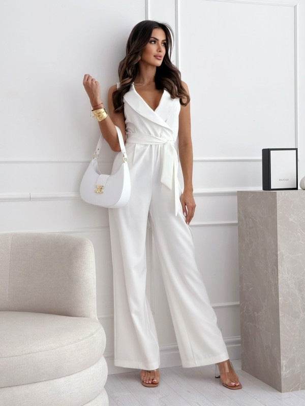 V-neck Sleeveless Jumpsuit With Belt Design Summer Fashion Trousers Women's Clothing White
