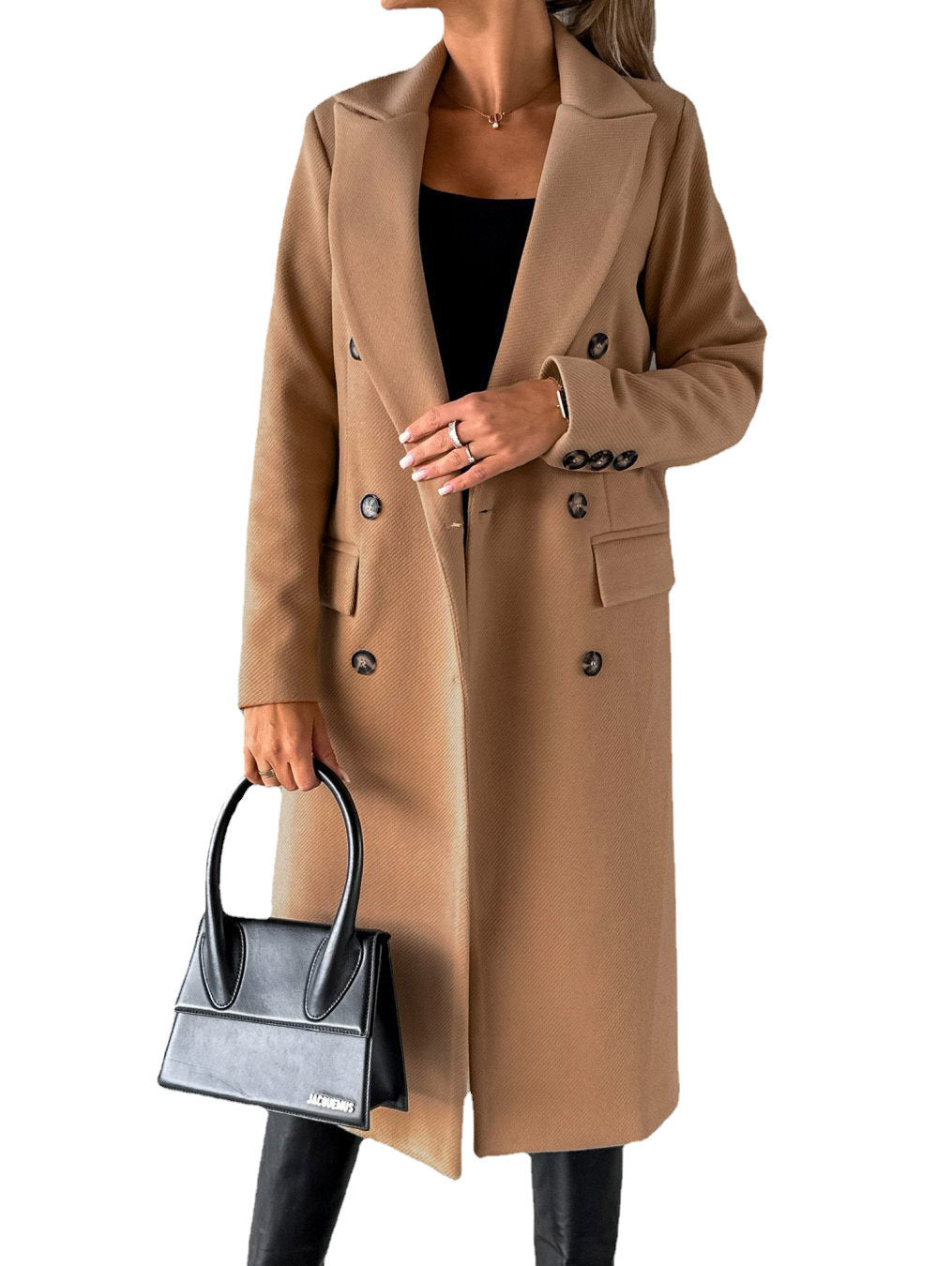 Long Sleeve Lapel Coat Winter Fashion Solid Double Breasted Slim Long Jacket Womens Clothing Khaki