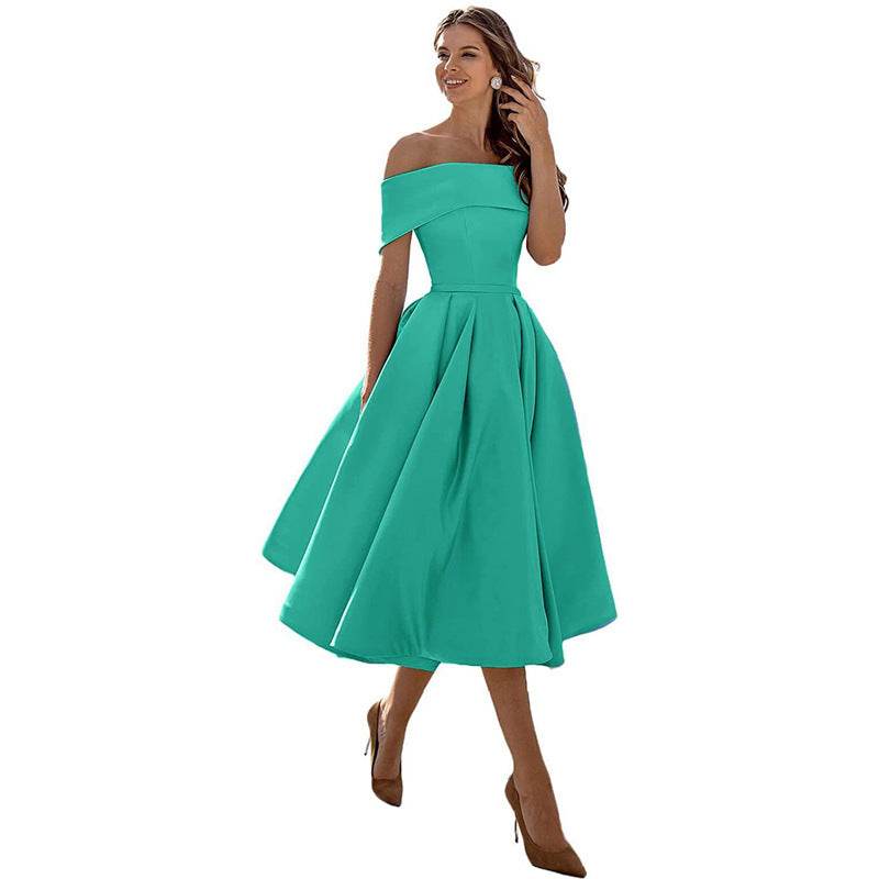 Women's Fashion Casual Strapless Satin Party Dress Off The Shoulder Tea Length Satin Prom Dresses With Pockts Formal Evening Party Dress Ice Blue