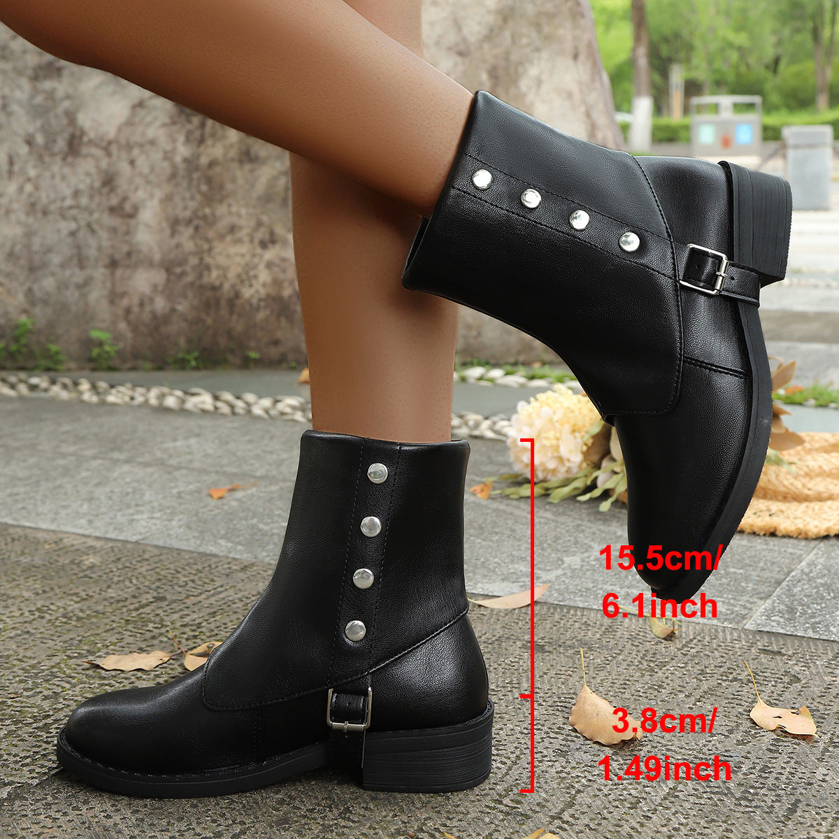 Belt Buckle Low Heel Knee-high Boots Plus Size Women's Boots Black