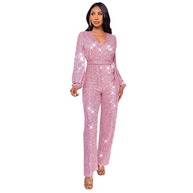 High Waist Wide Leg Sequined Belt Jumpsuit Pink Gold