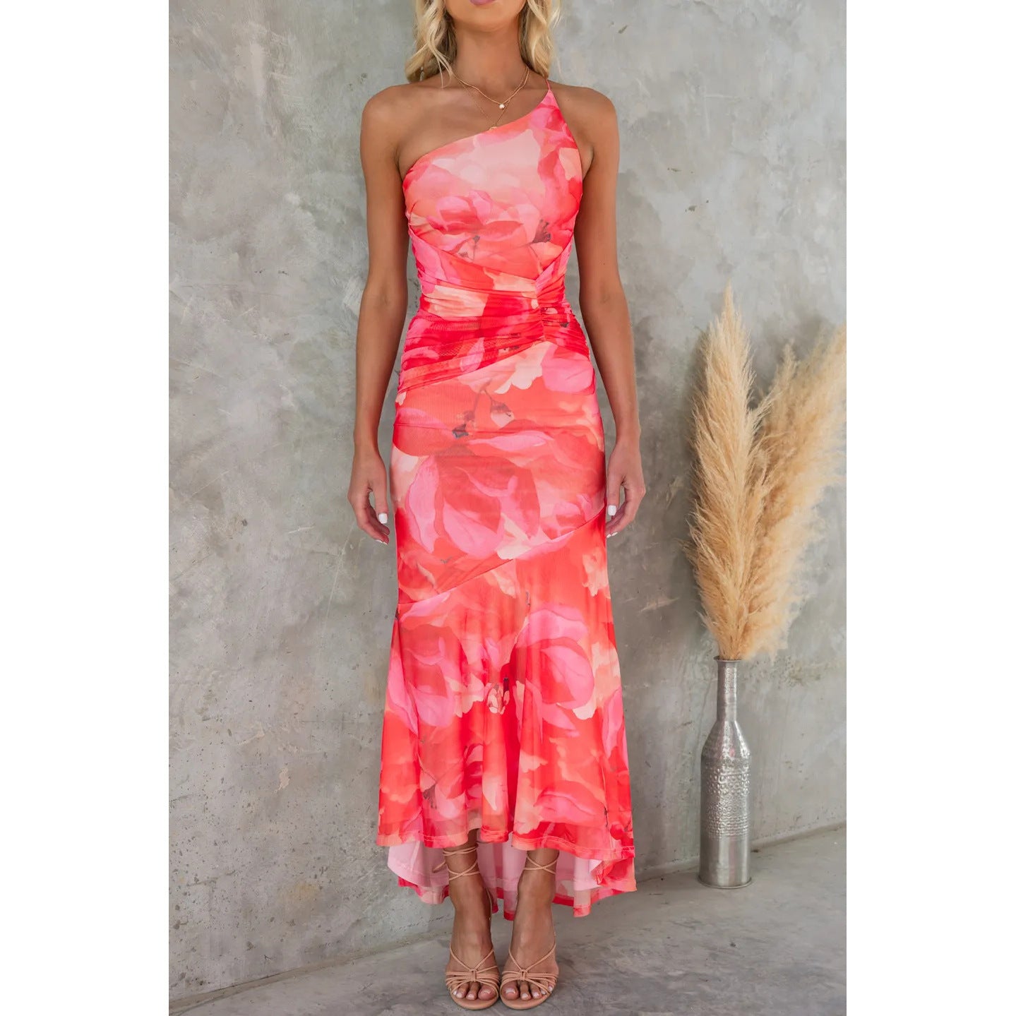Flowers Print One-shoulder Dress Summer INS Casual Suspender Long Dresses Womens Clothing Red
