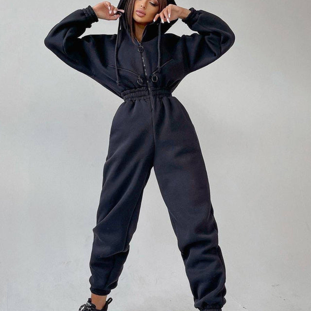 Casual Women Basic Hoodie Two Piece Sets Zipper Drawstring Black
