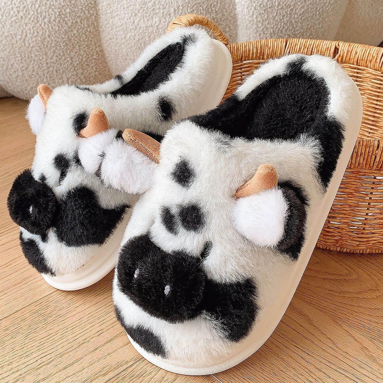 Cute Cartoon Cow Plush Slippers Winter Warm Indoor Bedroom Floor Fuzzy Slipper Couple Non-slip House Shoes Black