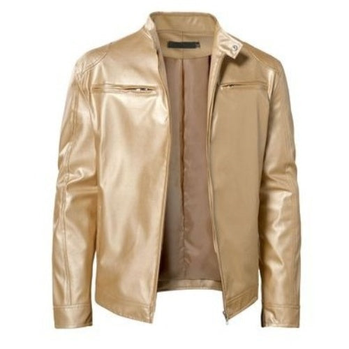 Gentleman's Warm Zipper Cardigan Pocket Decorated Pu Leather Coat Golden