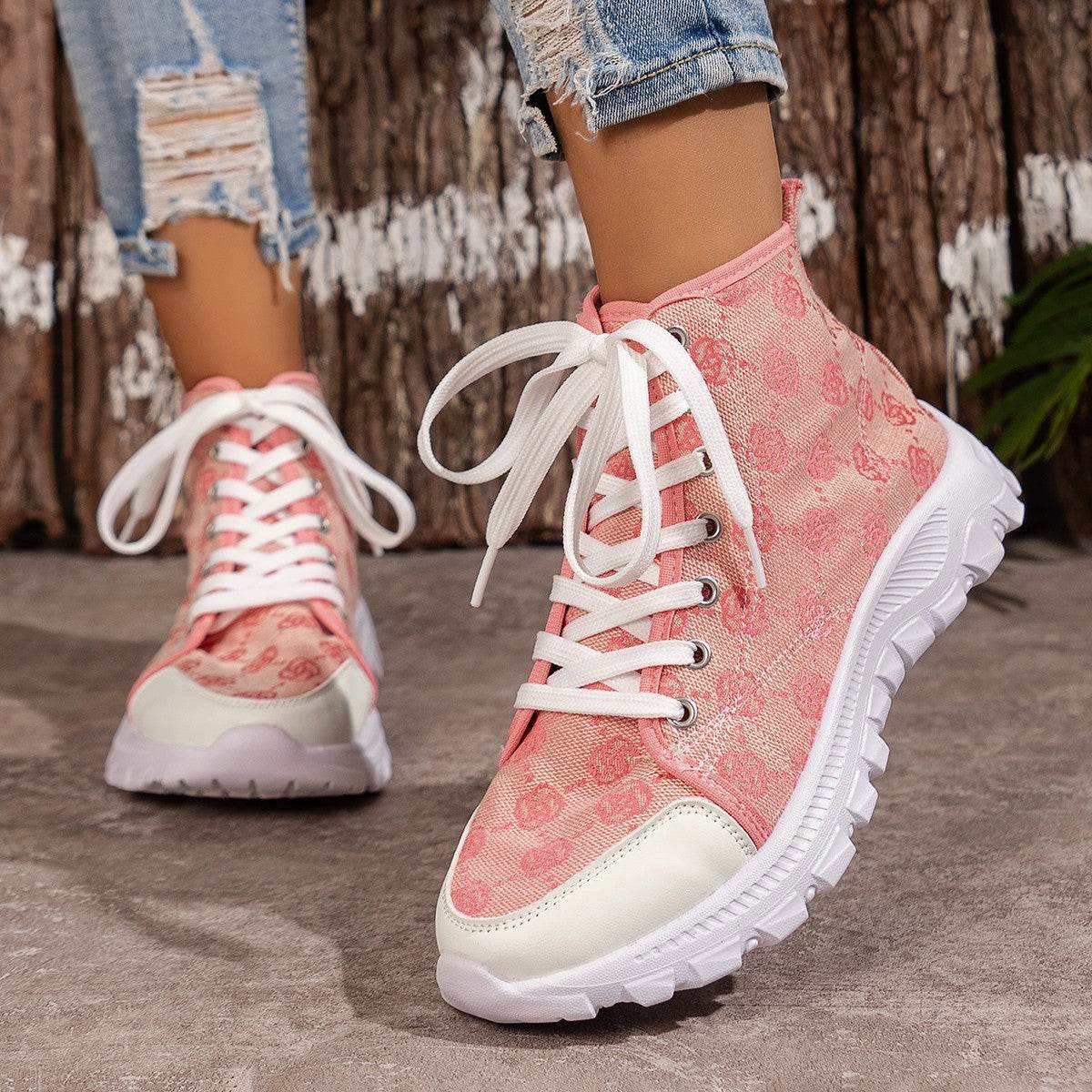 Rose-printed Lace-up Boots Fashion Breathable Canvas Shoes Sports Casual Non-slip Thick-soled Short Boot For Women