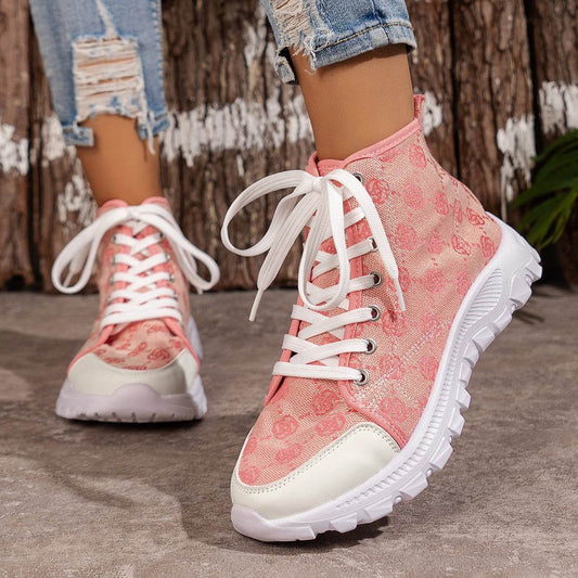 Rose-printed Lace-up Boots Fashion Breathable Canvas Shoes Sports Casual Non-slip Thick-soled Short Boot For Women