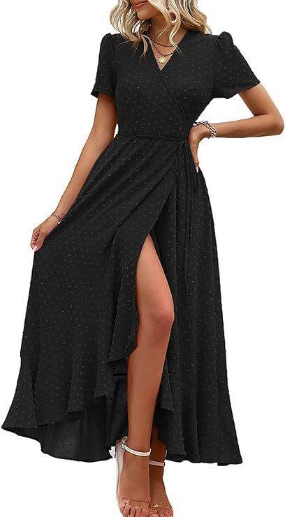 Short Sleeve Pleated Slit Hemline At Hem Beach Dress Black