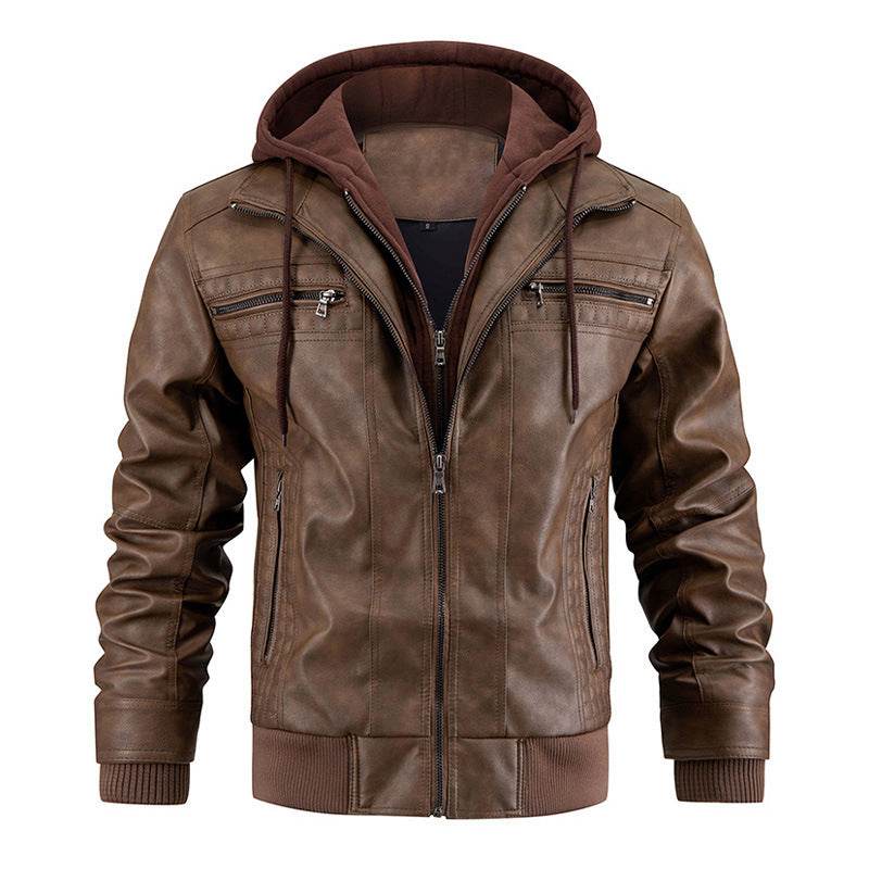 Hooded Jacket With Zipper Pockets Fashion Warm Pu Leather Coat Mens Clothing Brown