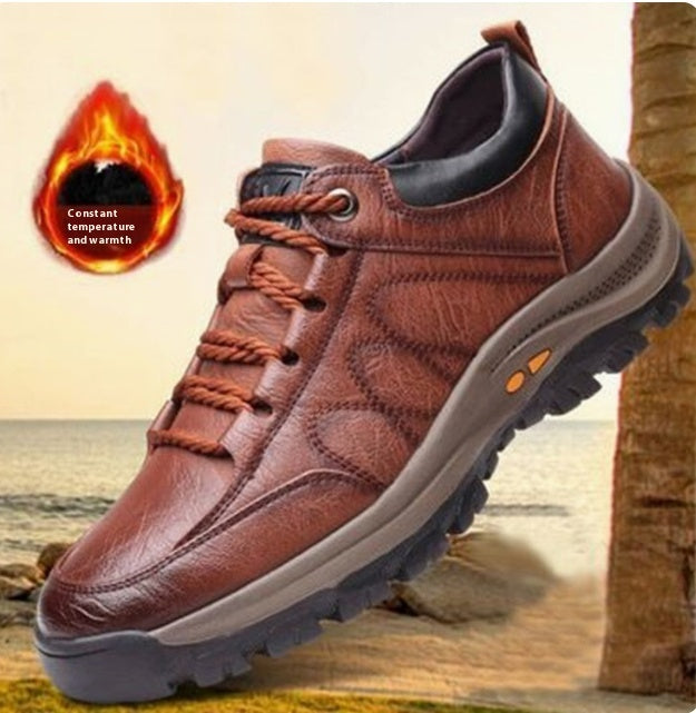 Casual Leather Shoes Outdoor Hiking Shoes Brown Plus fleece