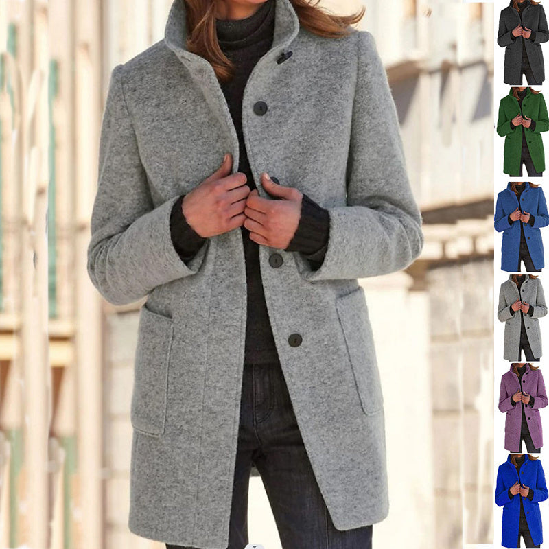 Fashion Stand Collar Woolen Coat With Pockets Fall Winter Casual Button Outwear For Women Clothing Light Grey XS