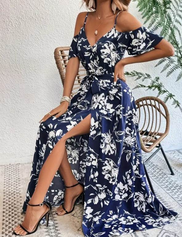Flower Print Split Suspender Dress With Lace-up Design Summer Fashion Long Dresses Beach Clothing For Women Navy Blue