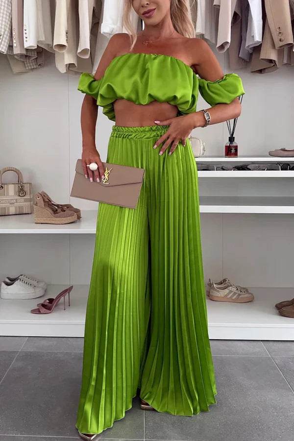 Women's Fashion Satin Tube Top Wide Leg Pants Suit Fluorescent Green