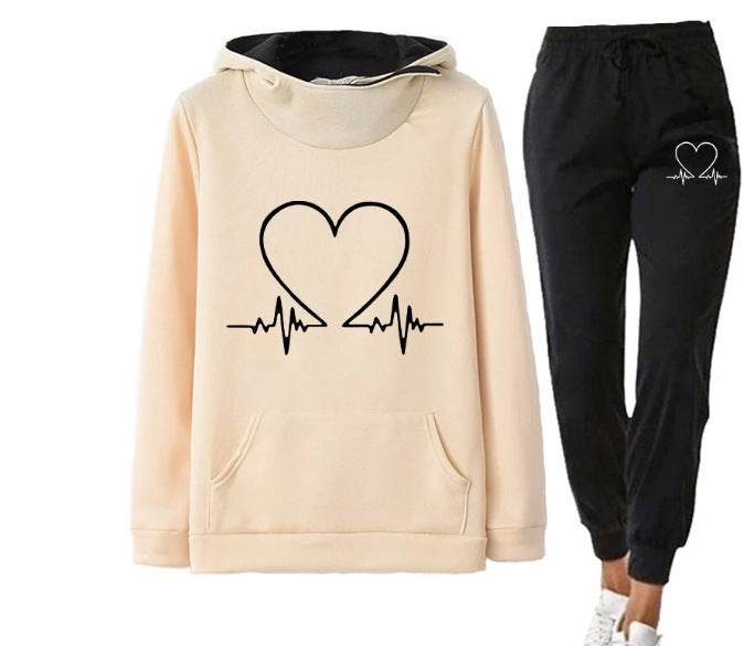 Love Heart Printed Sports Suit Hooded Sweatshirt Top And Drawstring Pants Fashion Casual Clothing For Women Khaki