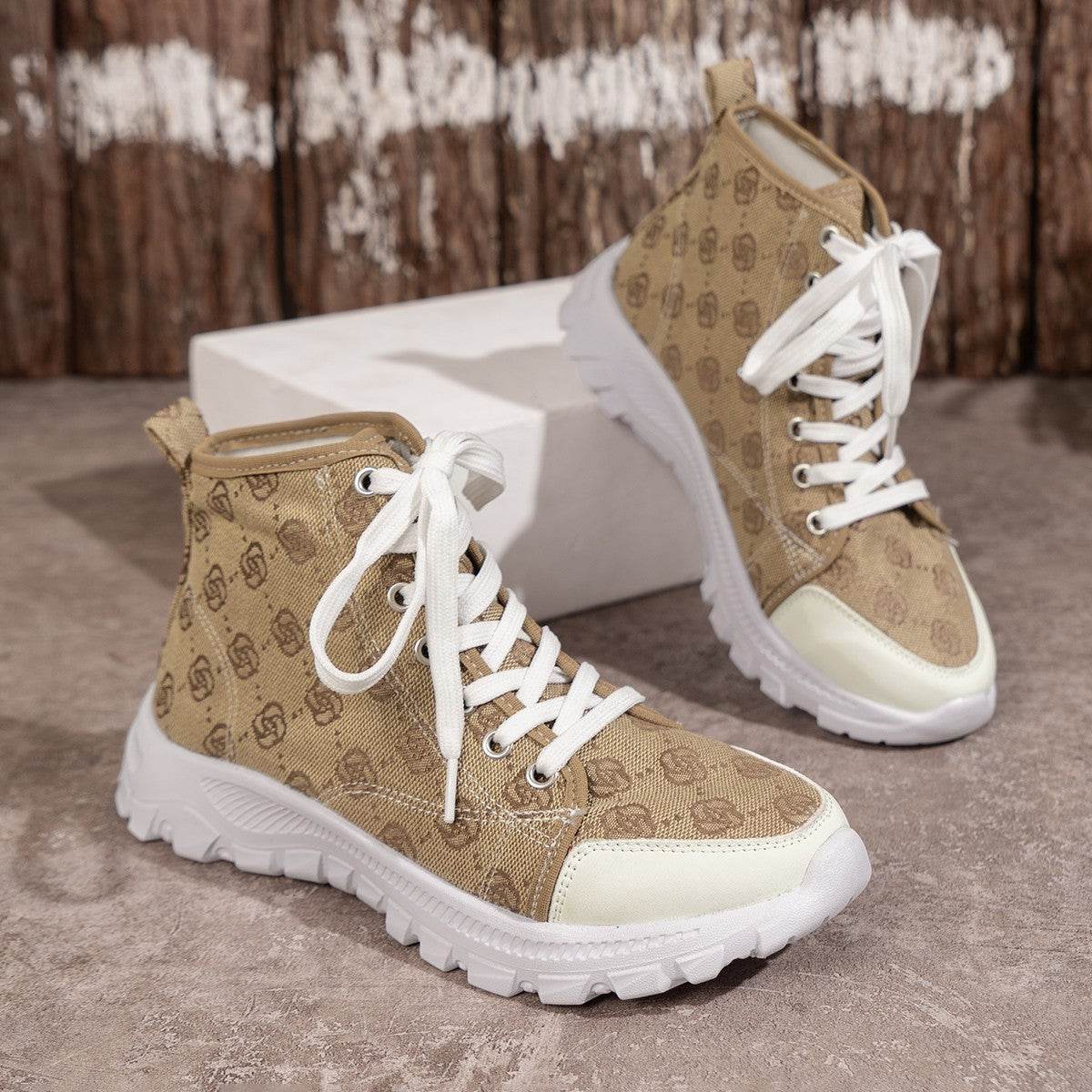Rose-printed Lace-up Boots Fashion Breathable Canvas Shoes Sports Casual Non-slip Thick-soled Short Boot For Women Khaki