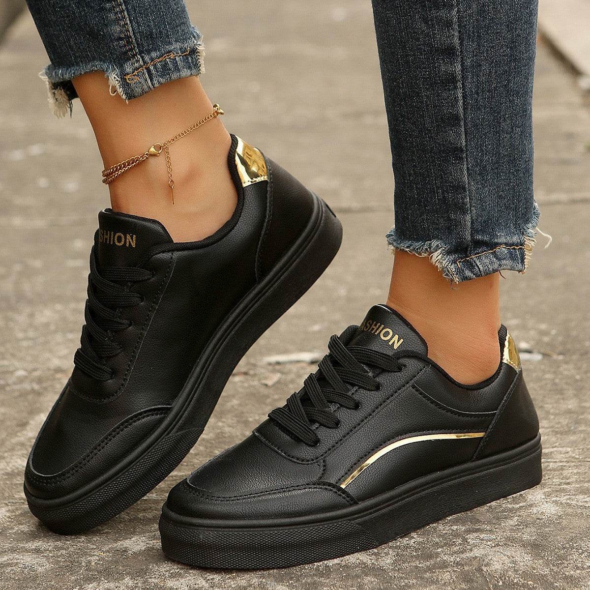 Lace-up White Flats Shoes Fashion Round Toe Slip-on Thick Sole Casual Shoes For Women Black