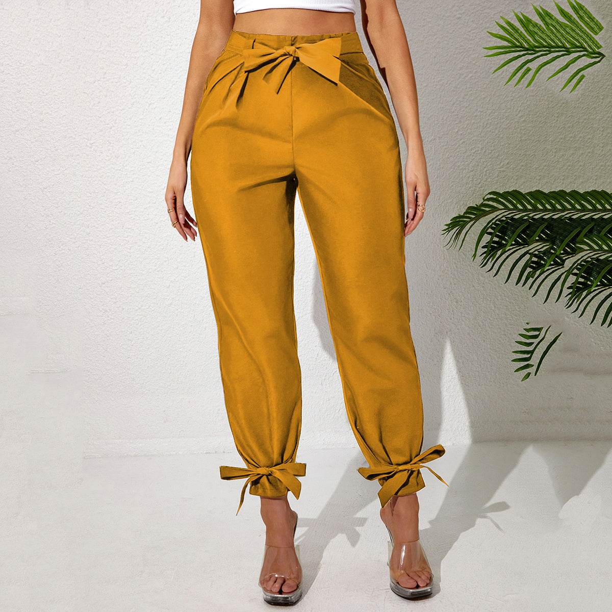 Solid Color Temperament Leg Tie Wooden Ear Trim Casual Women's Pants Gingercolored