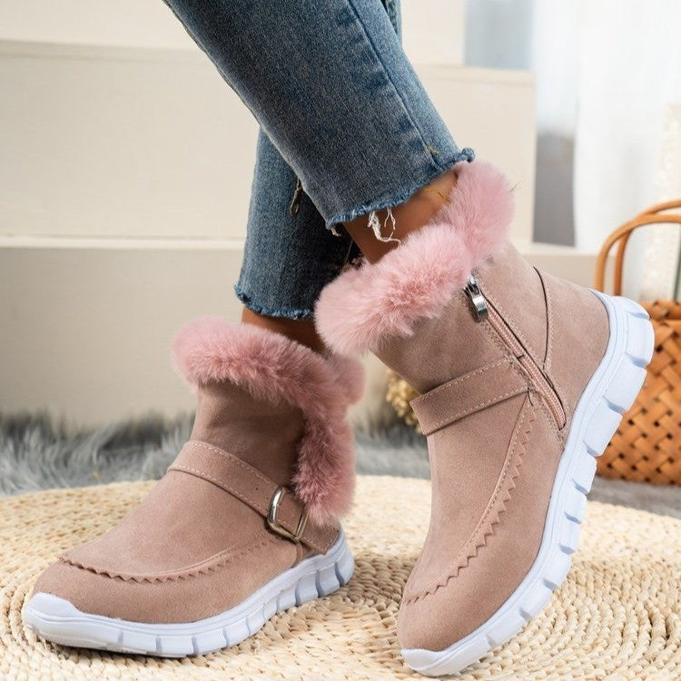 New Snow Boots Winter Warm Thickened Solid Color Plush Ankle Boots With Buckle Design Plus Velvet Flat Shoes For Women Pink