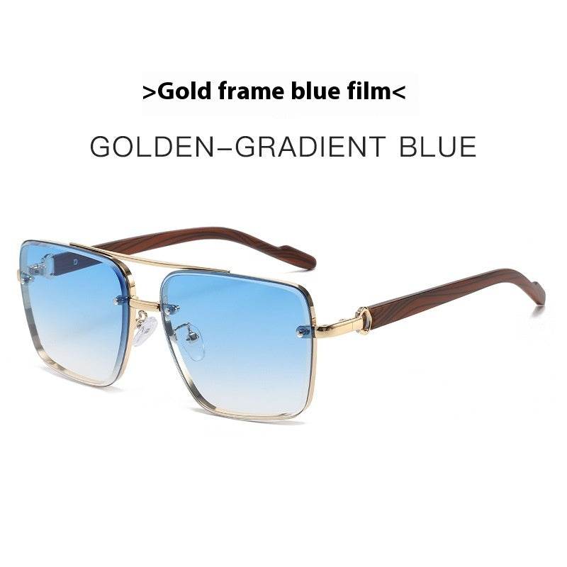 Metal Double Beam Frame Wood Grain Leg Sunglasses Gold Frame Gradient Blue