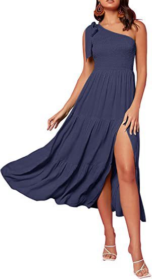 New Summer Fashion Women's One-shoulder Pleated Layered Hem Split Dress Navy Blue