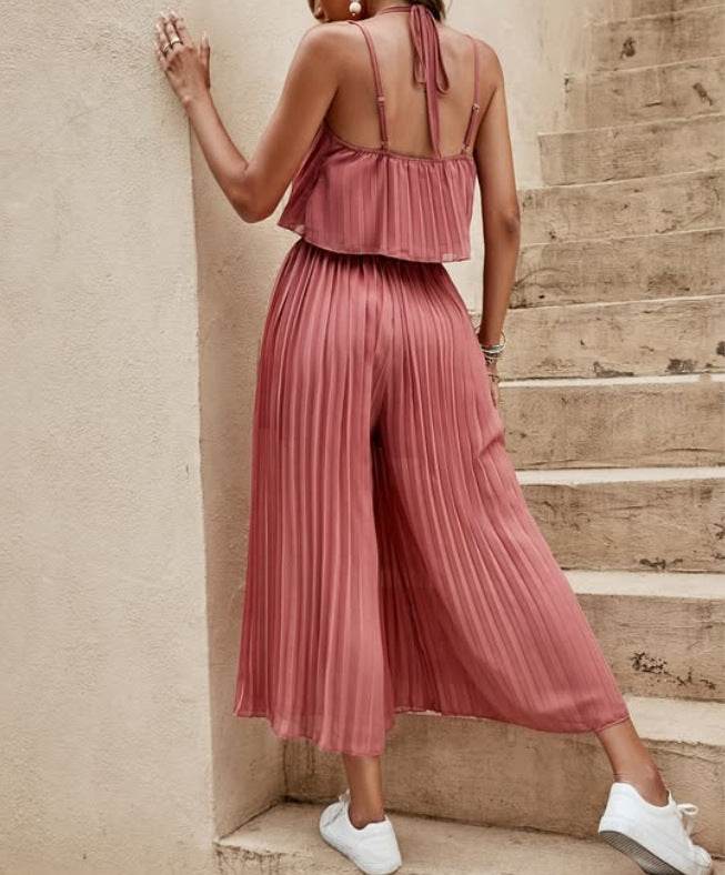 Women's Summer Solid Color Vacation Loose Suit Strap Backless Thin Romper Streetwear INS One-Piece Outfit Beach Style Striped Wide Leg Trousers Casual Suit Rouge Color