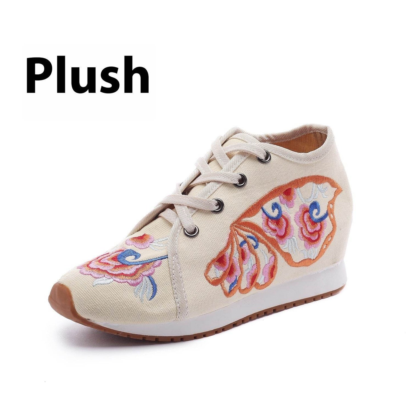 Travel Canvas Embroidered Sneaker Casual Fashion Cloth Shoes Ladies Butterfly Wings Beige Velvet