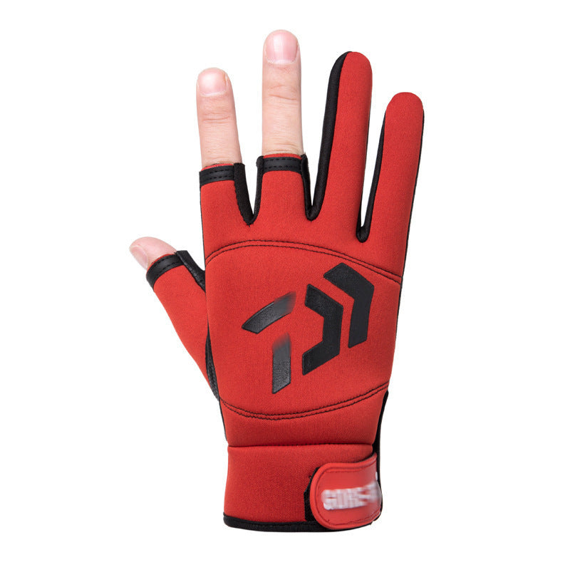 Outdoor Fishing Gloves Windproof Waterproof Fingerless Gloves Three Finger Full Red