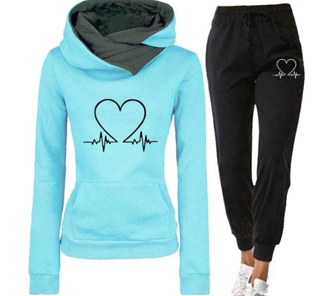 Love Heart Printed Sports Suit Hooded Sweatshirt Top And Drawstring Pants Fashion Casual Clothing For Women Blue
