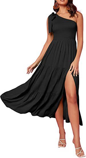 New Summer Fashion Women's One-shoulder Pleated Layered Hem Split Dress Black
